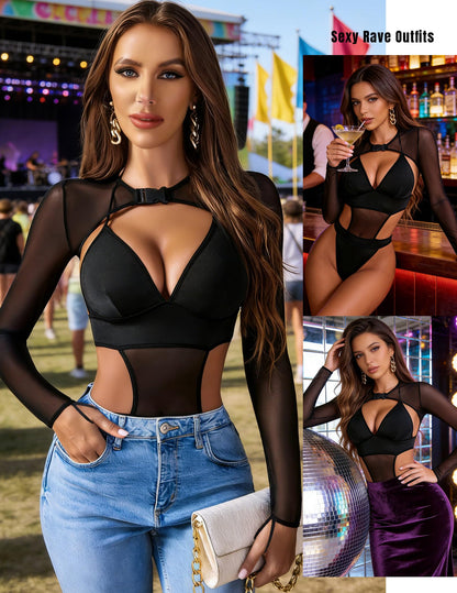 Avidlove Festival Outfits for Women Rave Bodysuit with Mesh Top A-black
