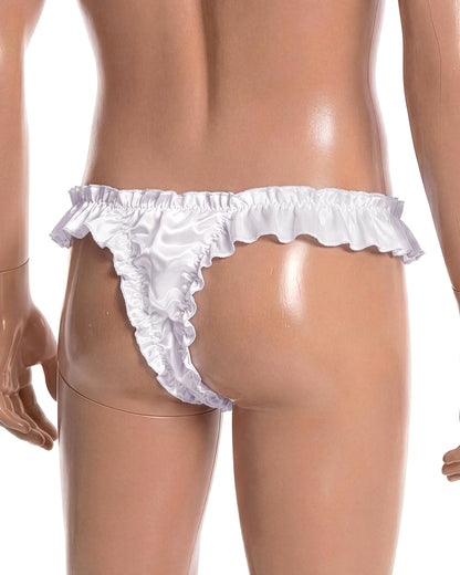 Satini Men's Satin Ruffle Low Rise Sissy Thong Tanga Knickers Briefs Panties (White, M)