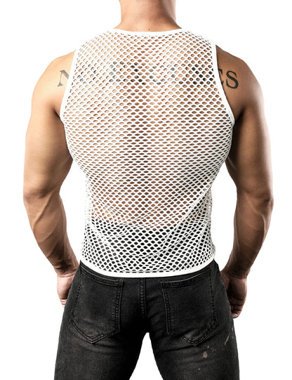 JOGAL Men's Mesh Fishnet Fitted Sleeveless Muscle Top Medium WG01 White