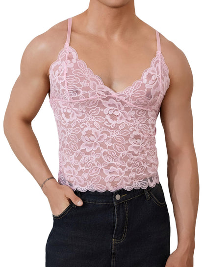 ABAFIP Men’s Sissy Lace Cami Top Floral Sheer Camisole Ruffle V-Neck Sleeveless Shirt See Through Undershirt Pink Medium