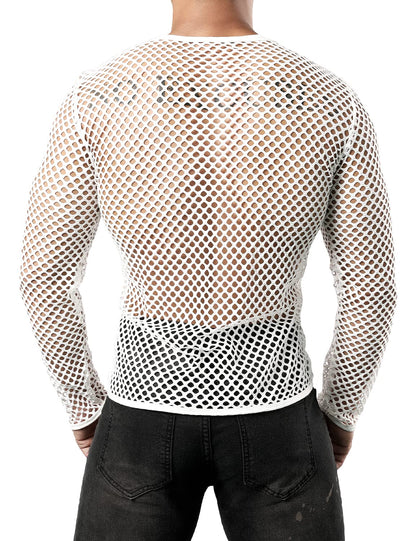 JOGAL Men's Mesh Fishnet Fitted Long Sleeve Muscle Top Medium WG04 White