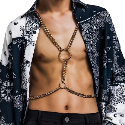 Punk Metal Link Chain Bra Body Jewelry Sexy Long Crossover Harness Circle Body Chain Festival Bikini Waist Chain Body Jewelry for Men Women (Gold)