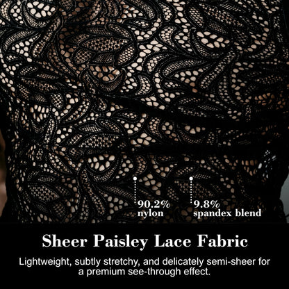 BSZN Men's Sexy T-Shirt, Black Paisley Lace Semi Transparent Crew Neck Short Sleeve Slim Fit Tailored Cut Sexy Clubwear Base Layer