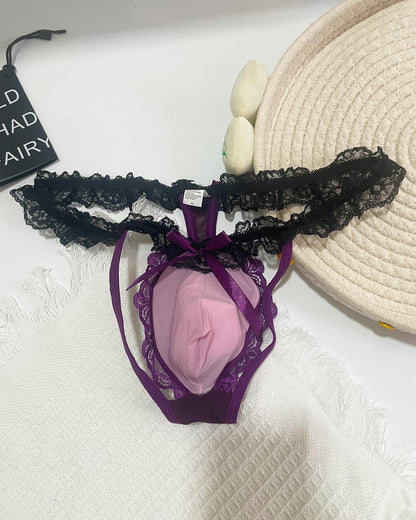 Mens Lace Frilly Thong Underwear, Bulge Pouch Panties Sissy Lingerie For Men Femboy (US, Alpha, One Size, Regular, Regular, Purple)