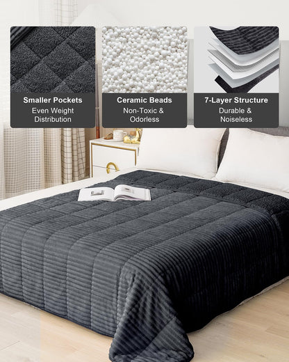 Sherpa Fleece Adult Weighted Blanket with Ribbed Stripes, 15 Pounds Dual Sided Soft Plush Blanket for Couch Bed Sofa, Heavy Thick Blankets with Ceramic Beads Great for Sleep, Dark Grey, 48" x 72"