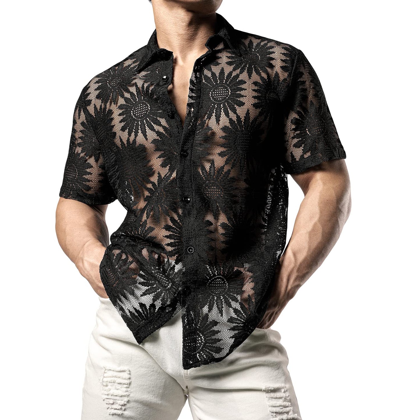 JOGAL Mens Floral Lace Shirt See Through Casual Button Down Shirts Dull Black X-Large