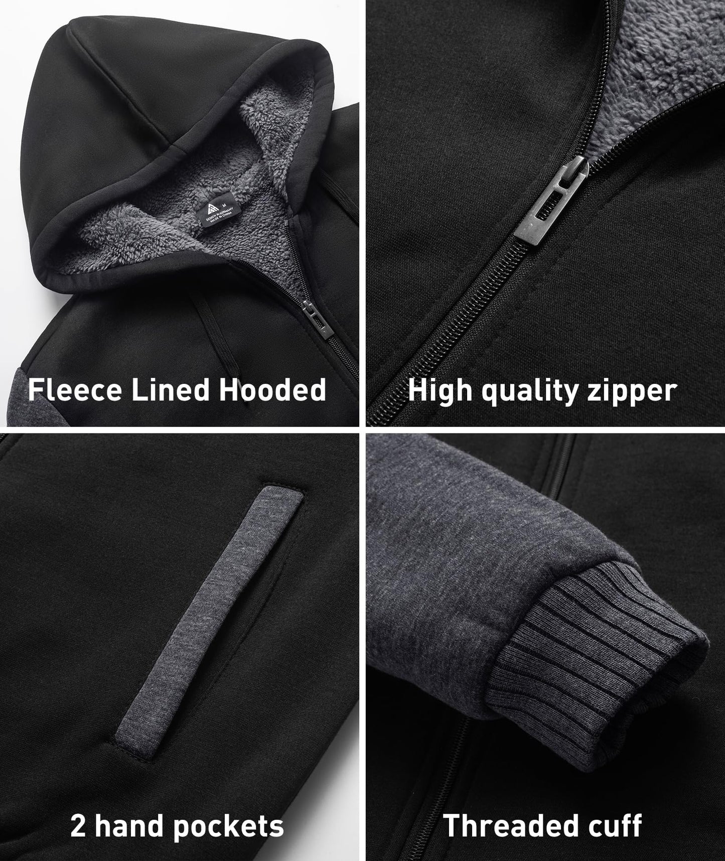 SCODI Hoodies for Men Heavyweight Fleece Sweatshirt - Full Zip Up Thick Sherpa Lined Hooded Jacket Black Grey XL