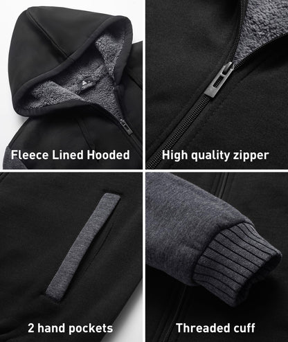 SCODI Hoodies for Men Heavyweight Fleece Sweatshirt - Full Zip Up Thick Sherpa Lined Hooded Jacket Black Grey XL