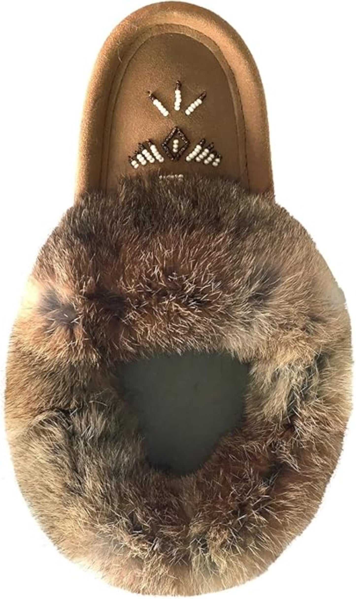 Laurentian Chief Women's Suede Slippers with Rabbit Fur Collar Moccasins