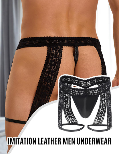 Men's Sexy Thong with Lace & Faux Leather Leg Straps - U-Pouch Thong Underwear for Men Fits S