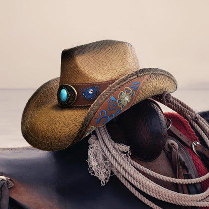 FLUFFY SENSE. Cowboy Hats for Women and Men Straw Western Hat Embroidered Cowboy Hat for Cowboys and Cowgirls (US, Alpha, Medium, Large, Brown)