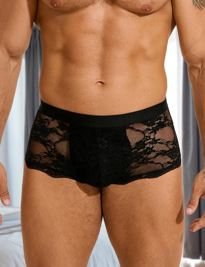Mens Lace Underwear Low Rise Bulge Pouch Trunks Soft Boxer Briefs See Through Sexy Panties Lingerie for Men Cool Boxers 2 Pack