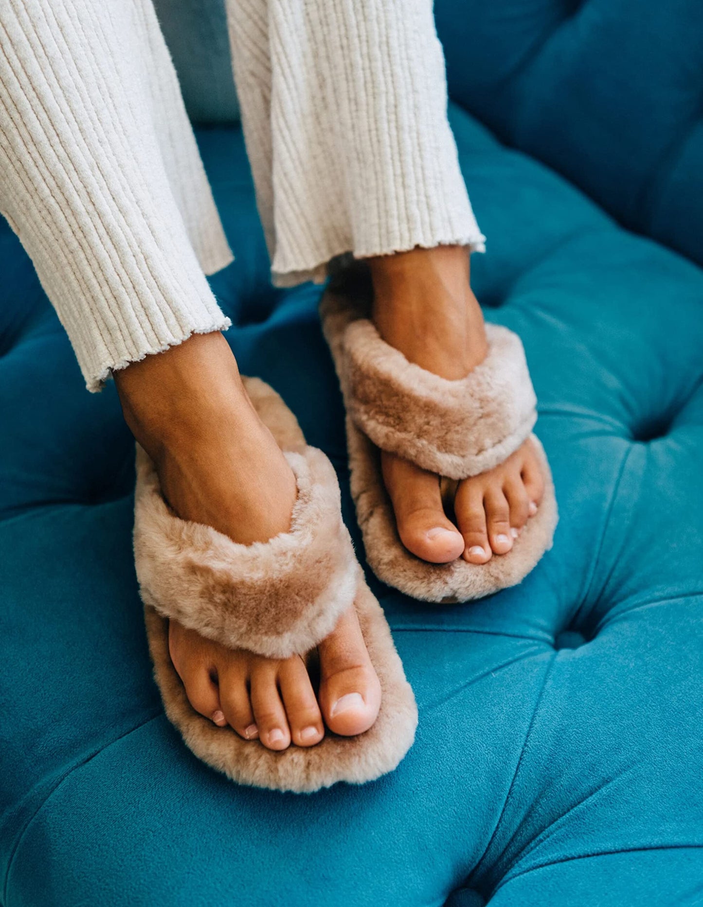 OLUKAI Kipe'a Heu Women's Sandal Slippers, Soft & Comfortable Shearling-Wrapped Straps, Durable RUbber Outsoles for All-Day Wear, Causal & Cute Everyday Style, Tan/Tan, 10