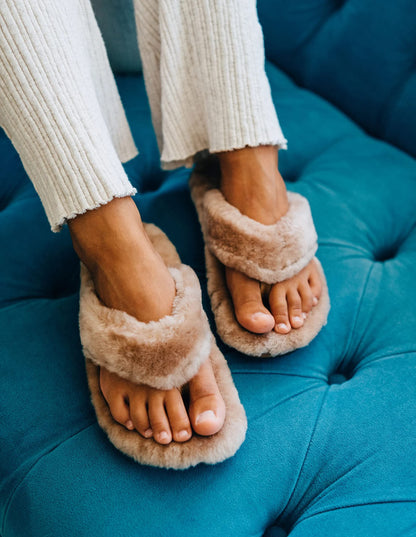 OLUKAI Kipe'a Heu Women's Sandal Slippers, Soft & Comfortable Shearling-Wrapped Straps, Durable RUbber Outsoles for All-Day Wear, Causal & Cute Everyday Style, Tan/Tan, 10