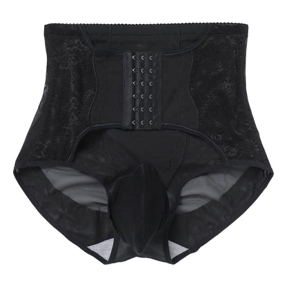 Men's Tummy Control Shapewear Underwear High Waist Body Shaper Slimming Girdle Waist Trainer Corset Lace Briefs Crossdress Lingerie Black X-Large(US Medium)