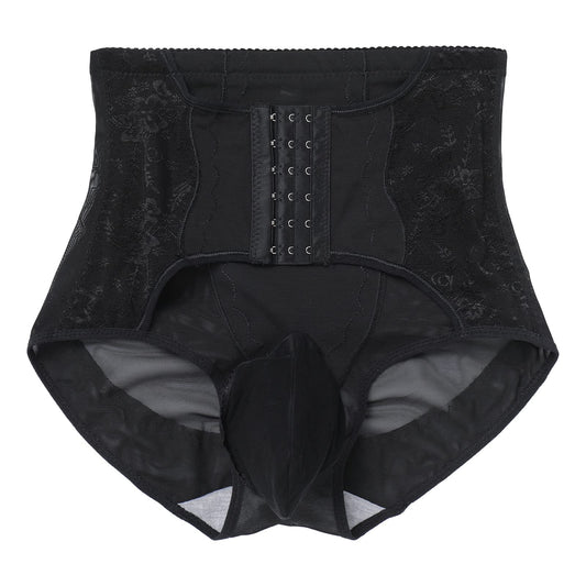 Men's Tummy Control Shapewear Underwear High Waist Body Shaper Slimming Girdle Waist Trainer Corset Lace Briefs Crossdress Lingerie Black X-Large(US Medium)