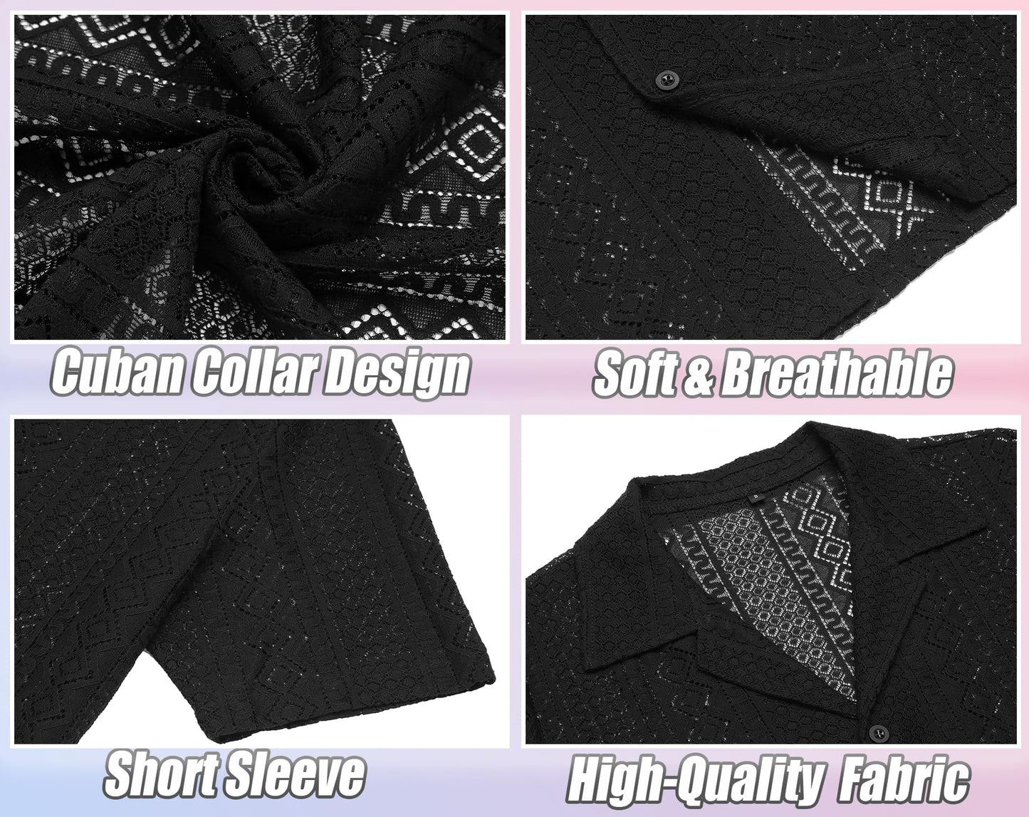 URRU Mens Floral Lace Shirt Short Sleeve Hollow Out Sheer See Through Casual Button Down Shirts Black Wave S