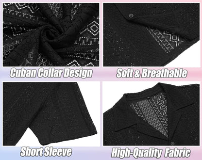 URRU Mens Floral Lace Shirt Short Sleeve Hollow Out Sheer See Through Casual Button Down Shirts Black Wave S