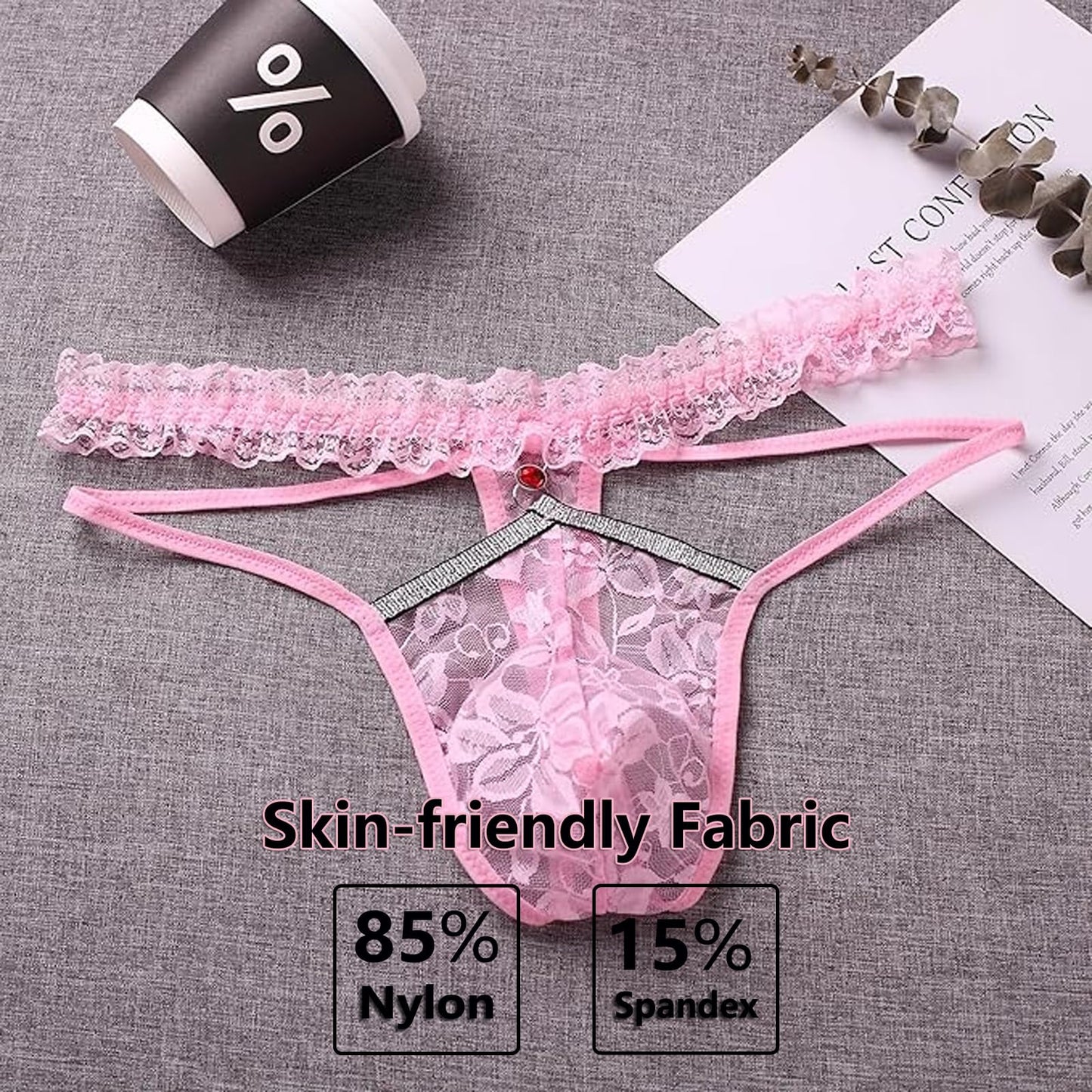 Men's Lace Sissy Panties - Pouch Thong, Feminine Underwear For Men Sexy Lingerie  - Sheer Mesh Briefs - Gay Lingerie Crossdresser Pink