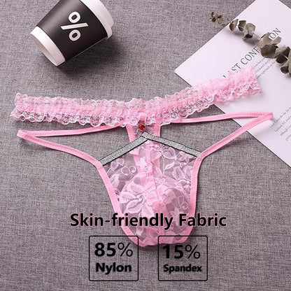 Men's Lace Sissy Panties - Pouch Thong, Feminine Underwear For Men Sexy Lingerie  - Sheer Mesh Briefs - Gay Lingerie Crossdresser Pink