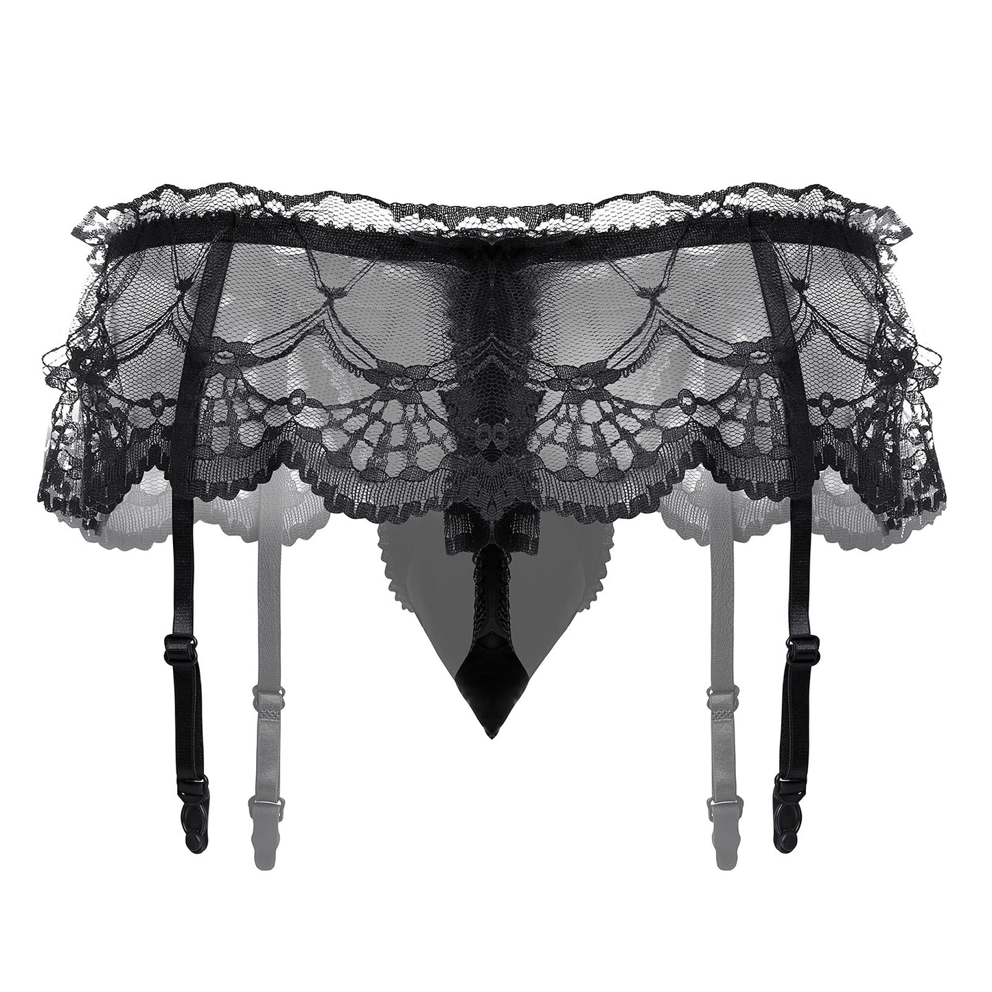 ABAFIP Men Lingerie Frilly Skirted Sissy Thongs Panties Low Waist G-string Garter Belt Crossdressing Underpants Lace Underwear Black One Size