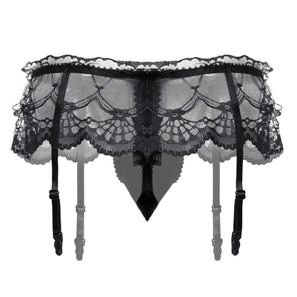 ABAFIP Men Lingerie Frilly Skirted Sissy Thongs Panties Low Waist G-string Garter Belt Crossdressing Underpants Lace Underwear Black One Size