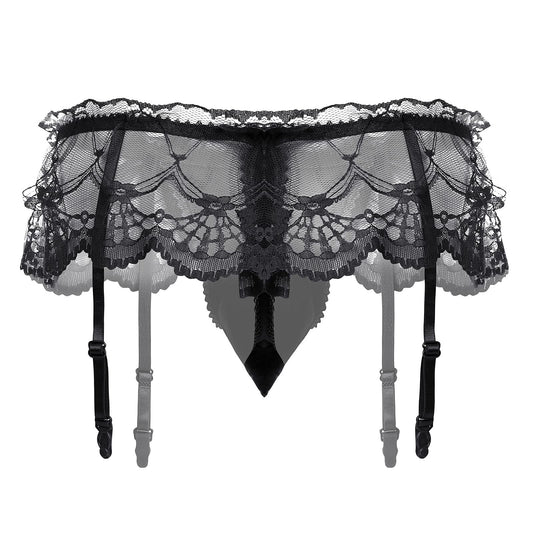 ABAFIP Men Lingerie Frilly Skirted Sissy Thongs Panties Low Waist G-string Garter Belt Crossdressing Underpants Lace Underwear Black One Size