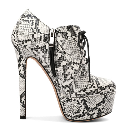 SAMMITOP Platform Ankle Boots for Women Sexy Stiletto Heels Sky High Heel Pump Lace up Zipper Round Toe Fashion Dress Shoes for Party Prom Event Snake Print US 9