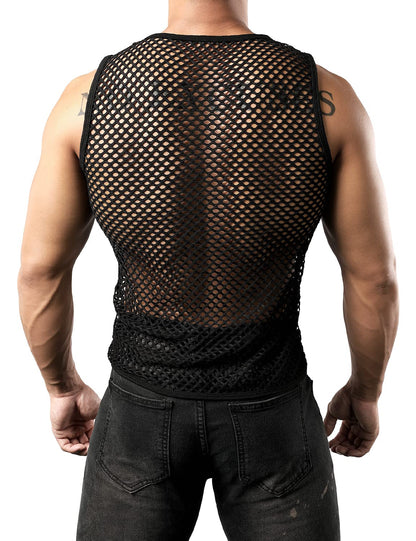 JOGAL Men's Mesh Fishnet Fitted Sleeveless Muscle Top XX-Large WG01 Black