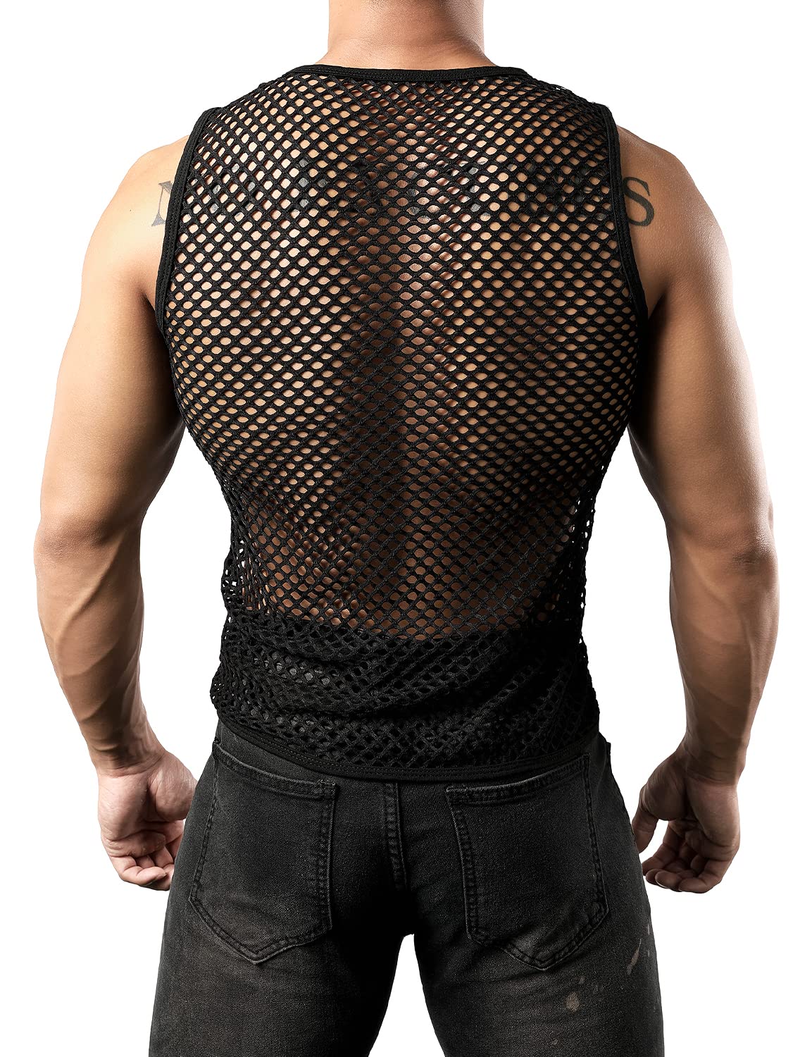 JOGAL Men's Mesh Fishnet Fitted Sleeveless Muscle Top Large WG01 Black