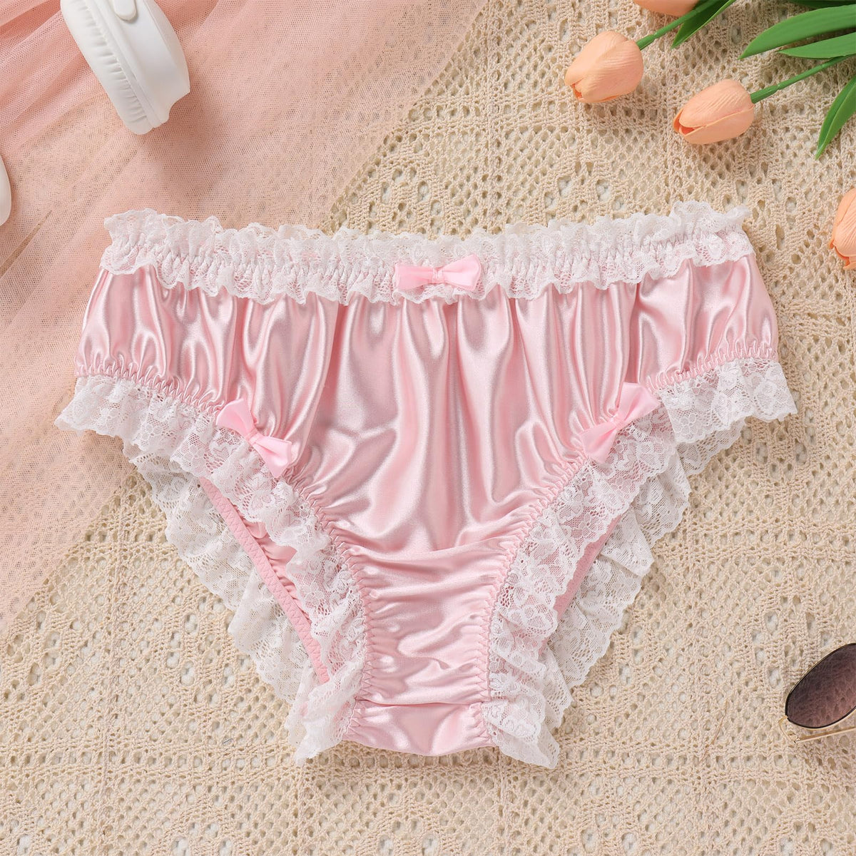 Men's Satin Silk Underwear Ruffle Lace Sissy Panties Bowknot Crossdress Silky Knickers Briefs Pink X-Large