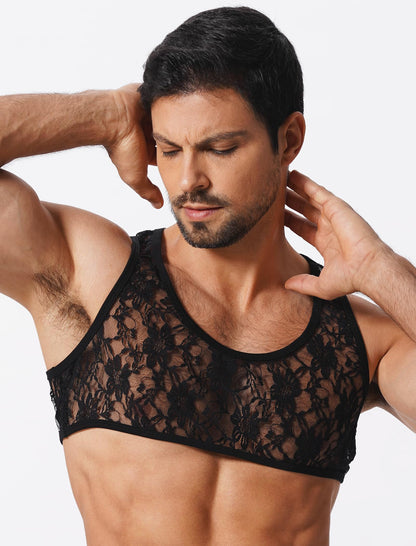 ABAFIP Men's Sissy Lace Muscle Tank Floral Crop Top Semi Transparent Sheer Mesh Vest Half Top Undershirt Black Large