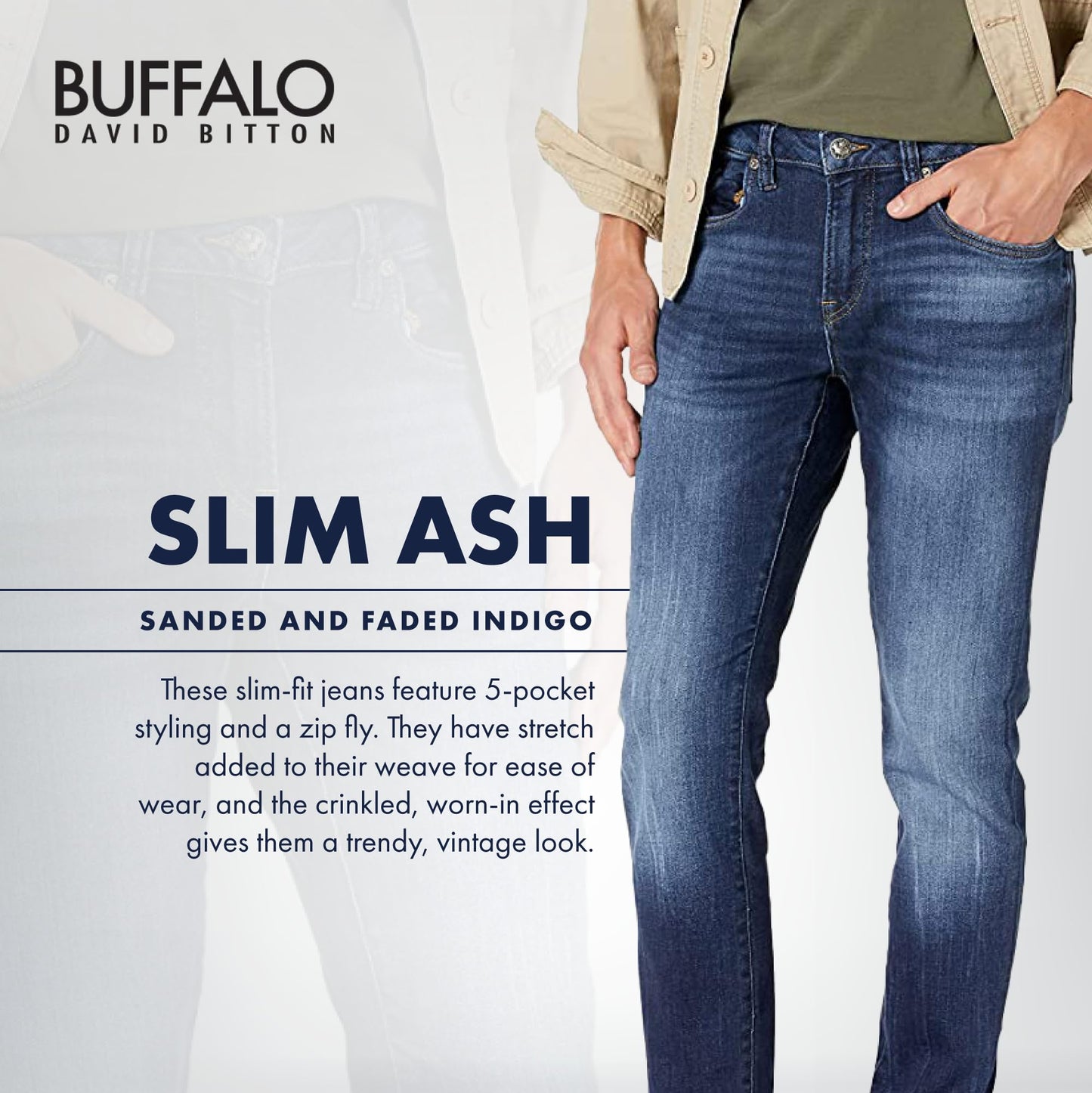 Buffalo David Bitton Men's Ash Fashion Jeans, Sanded and Faded Indigo, 31W x 30L