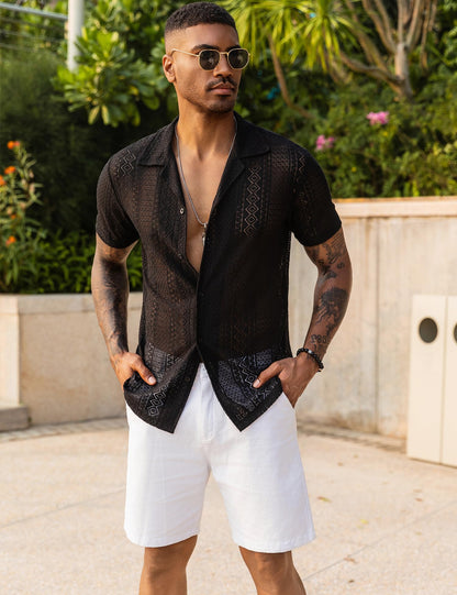 URRU Mens Floral Lace Shirt Short Sleeve Hollow Out Sheer See Through Casual Button Down Shirts Black Wave S