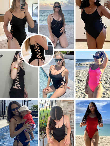 Women's Apricot L One-Piece Swimsuit, Cheeky Cut, High Cut, Lace-Up Sides, Adjustable Straps, Perfect for Beach, Swimming, Vacation