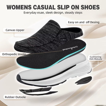 Women's Orthopedic Slip On Slippers Shoes: Comfortable Womens Slip-On for Flat Feet, Light-Weight Slippers for Plantar Fasciitis Relief, Cushioned Rubber Sole Loafers for Comfy Working Black Size 9