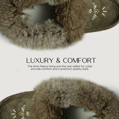 Laurentian Chief Moccasin Slippers for Woman - Orlon Beaded Slippers with Fur Trim and Padded Sole, Canada Quality Womens, Comfortable Stylish Indoor Moccasins for Women