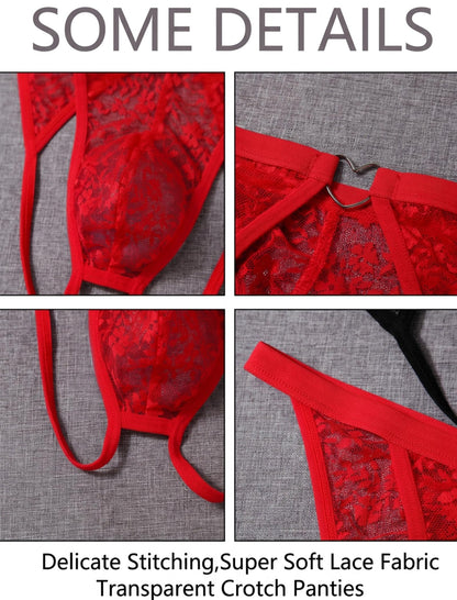 Men's Lace Underwear Open Back Sheer Sissy Pouch Panties Low Rise Sexy Femboy Lingerie Black