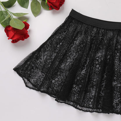 ABAFIP Sissy Skirts for Men Crossdressing Lingerie Sheer Lace Floral Flared Pleated Micro Mini Skirt Nightwear Underwear Black One Size