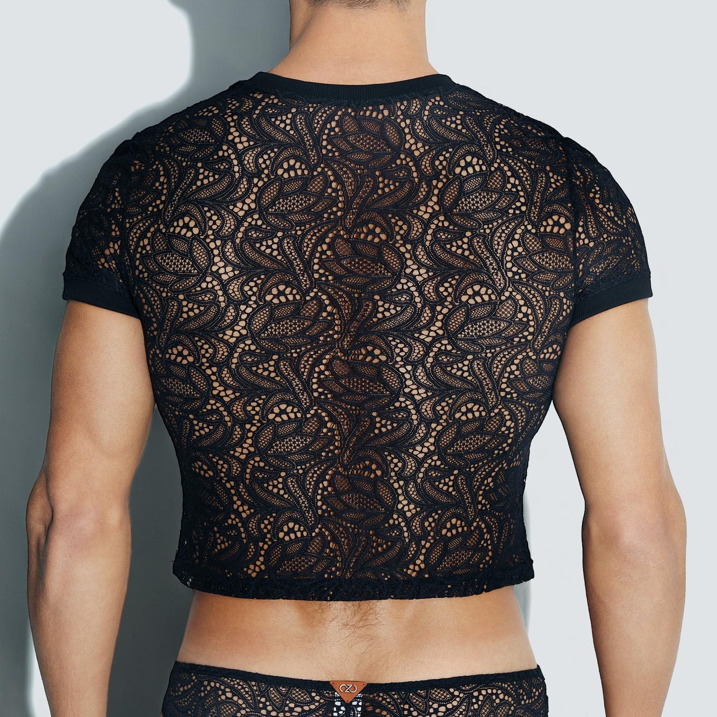 BSZN Men's Sexy T-Shirt, Black Paisley Lace Semi Transparent Crew Neck Short Sleeve Slim Fit Tailored Cut Sexy Clubwear Base Layer