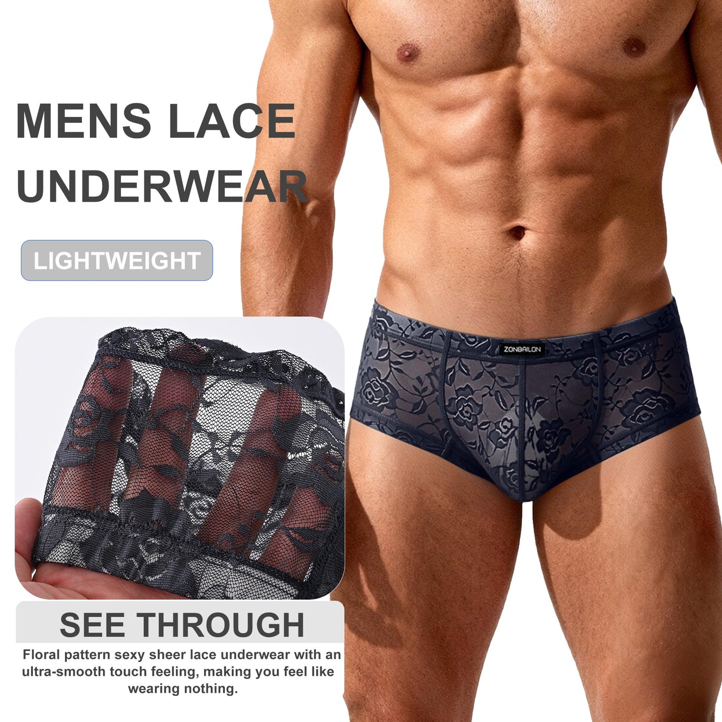 ZONBAILON Men's Lace Bikini Briefs - Sheer Underwear Pouch Silk Boxers Breathable Panties