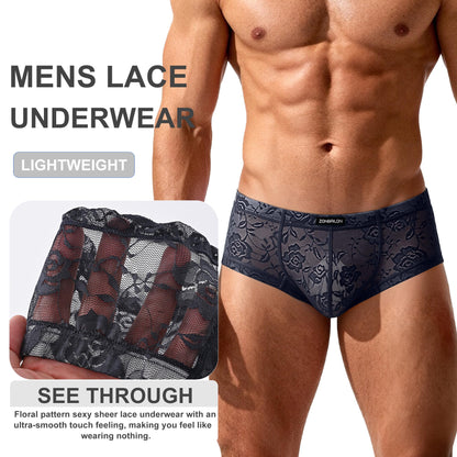ZONBAILON Men's Lace Bikini Briefs - Sheer Underwear Pouch Silk Boxers Breathable Panties
