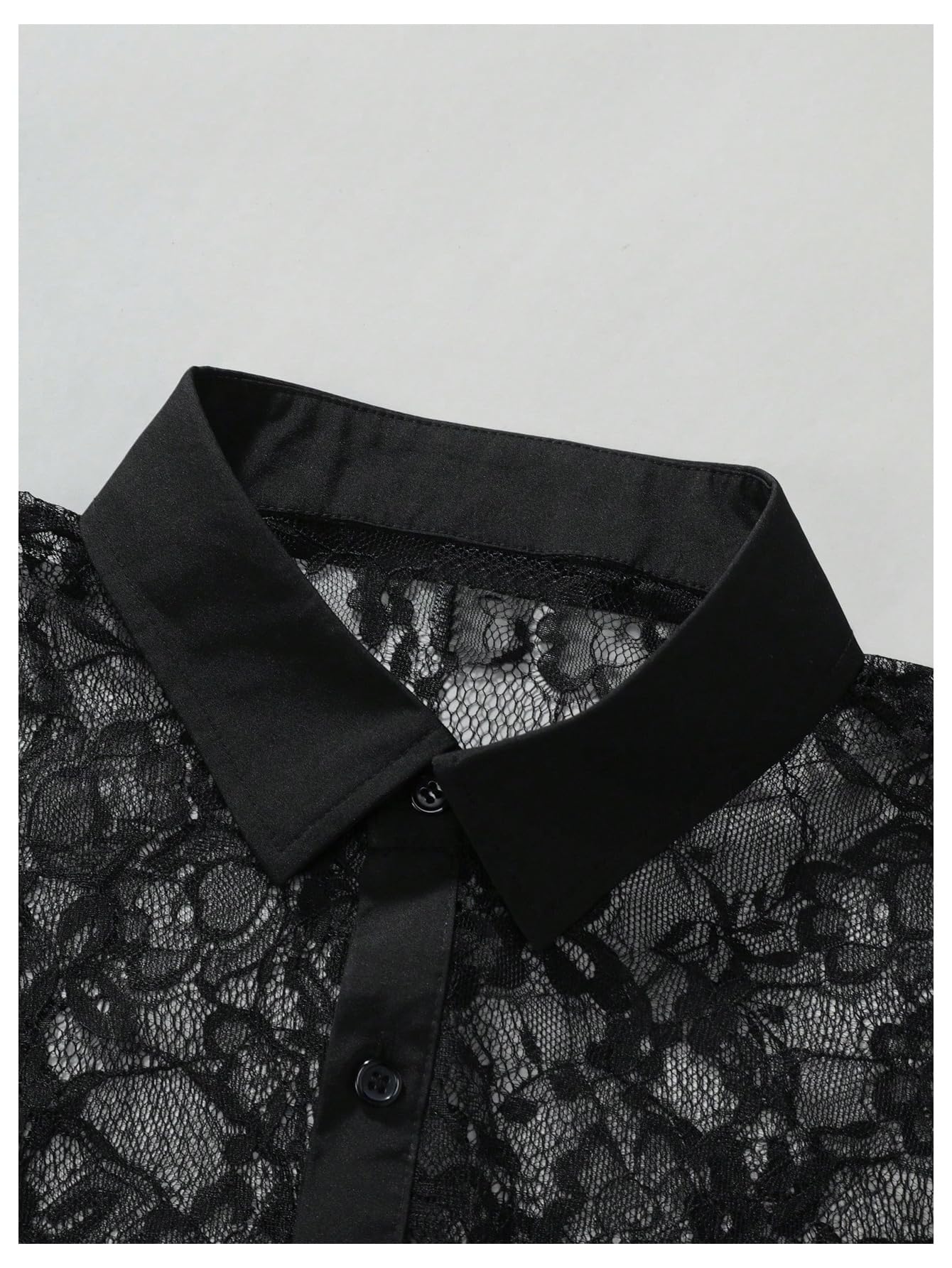 WDIRARA Men's Sexy Lace Button Down Shirts See Through Long Sleeve Collared Tops Party Clubwear Black X-Large