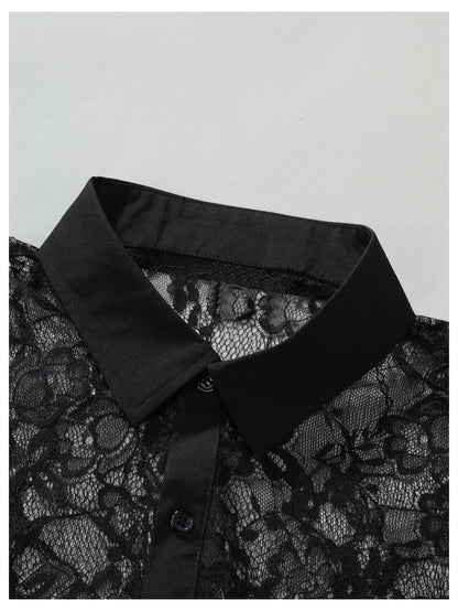 WDIRARA Men's Sexy Lace Button Down Shirts See Through Long Sleeve Collared Tops Party Clubwear Black X-Large