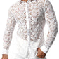 JOGAL Men's See Through Flower Lace Sheer Blouse Long Sleeve Button Down Shirts White XX-Large