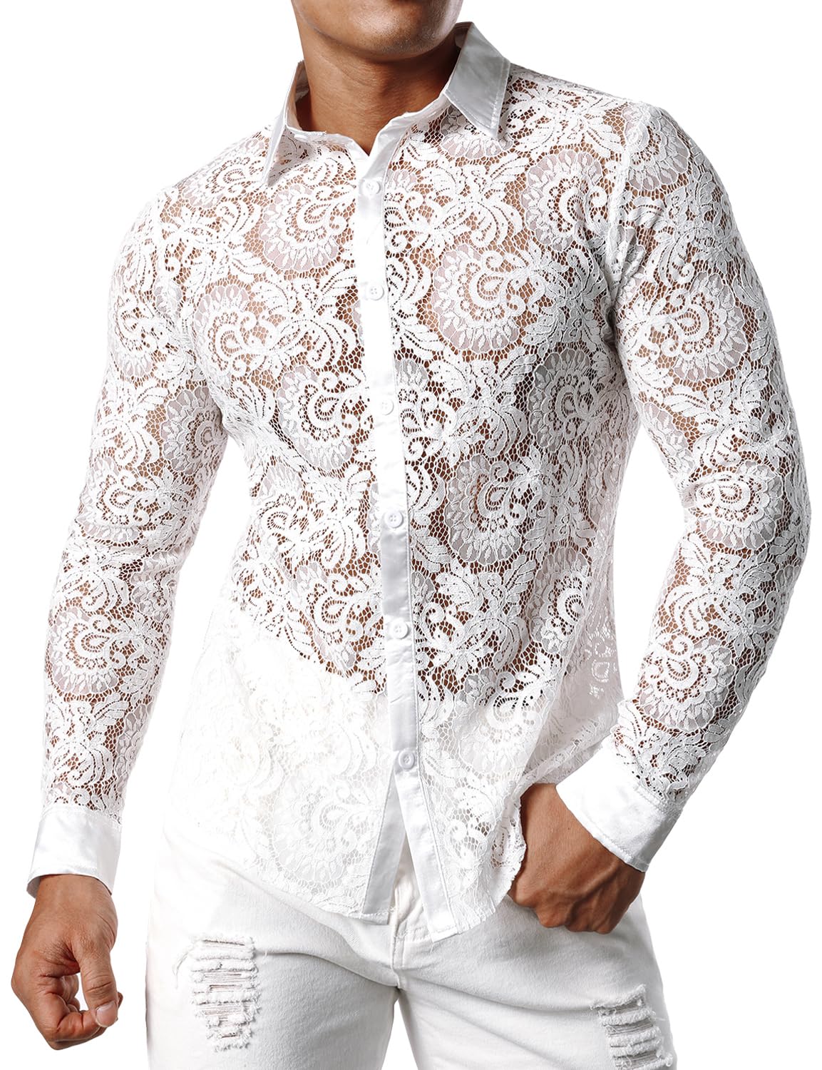 JOGAL Men's See Through Flower Lace Sheer Blouse Long Sleeve Button Down Shirts White XX-Large