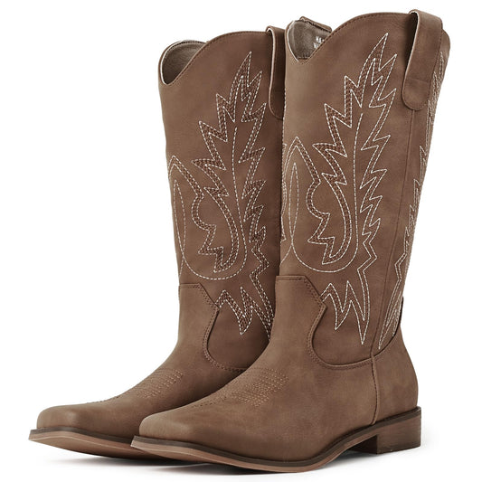 Fancy Queen Brown Cowboy Boots for Women - Mid Calf Square Toe Western Cowgirl Boots with Vintage Embroidery, Low Chunky Heel Pull On Country Boots for Rodeo Festival Concert Daily Outfits Size 8