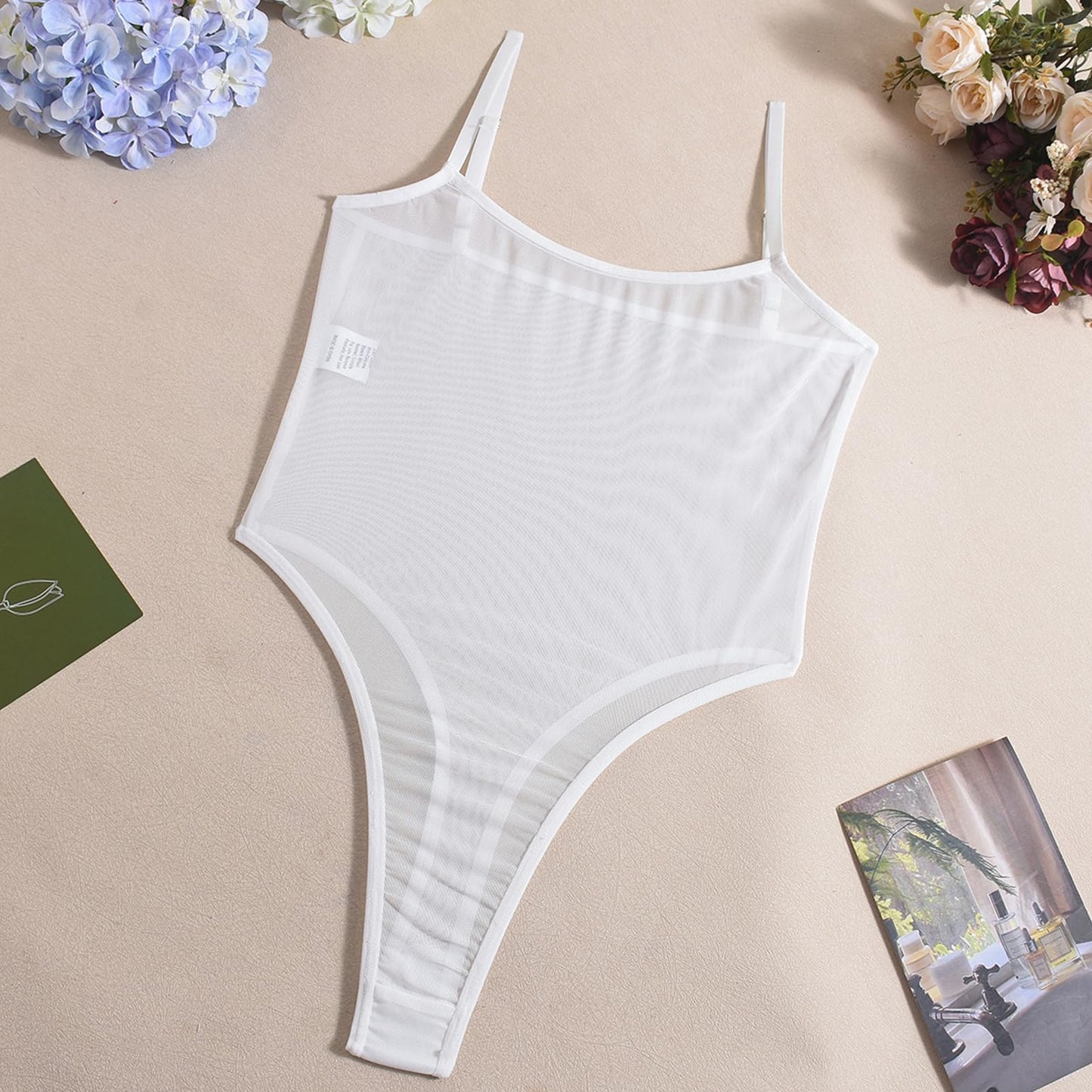 Women's Sheer Mesh Bodysuit Lingerie See Through Teddy High Cut Thong Leotard Sexy Body suit White Large