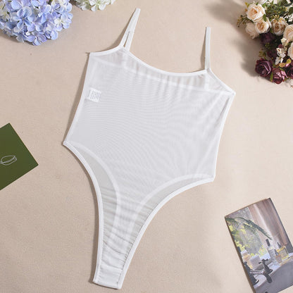 Women's Sheer Mesh Bodysuit Lingerie See Through Teddy High Cut Thong Leotard Sexy Body suit White Large