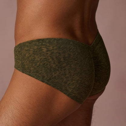 BSZN Men's Mottled Briefs, Green Mesh Underwear, Ruched Back Waistband Mid Rise Tight Fit, Midnight Visitor Collection with Custom Metal Tag